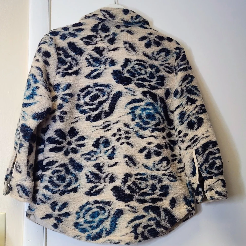 Zara Wool Blend Blue And Cream Structured Floral Overshirt Shacket Size 11 / 12